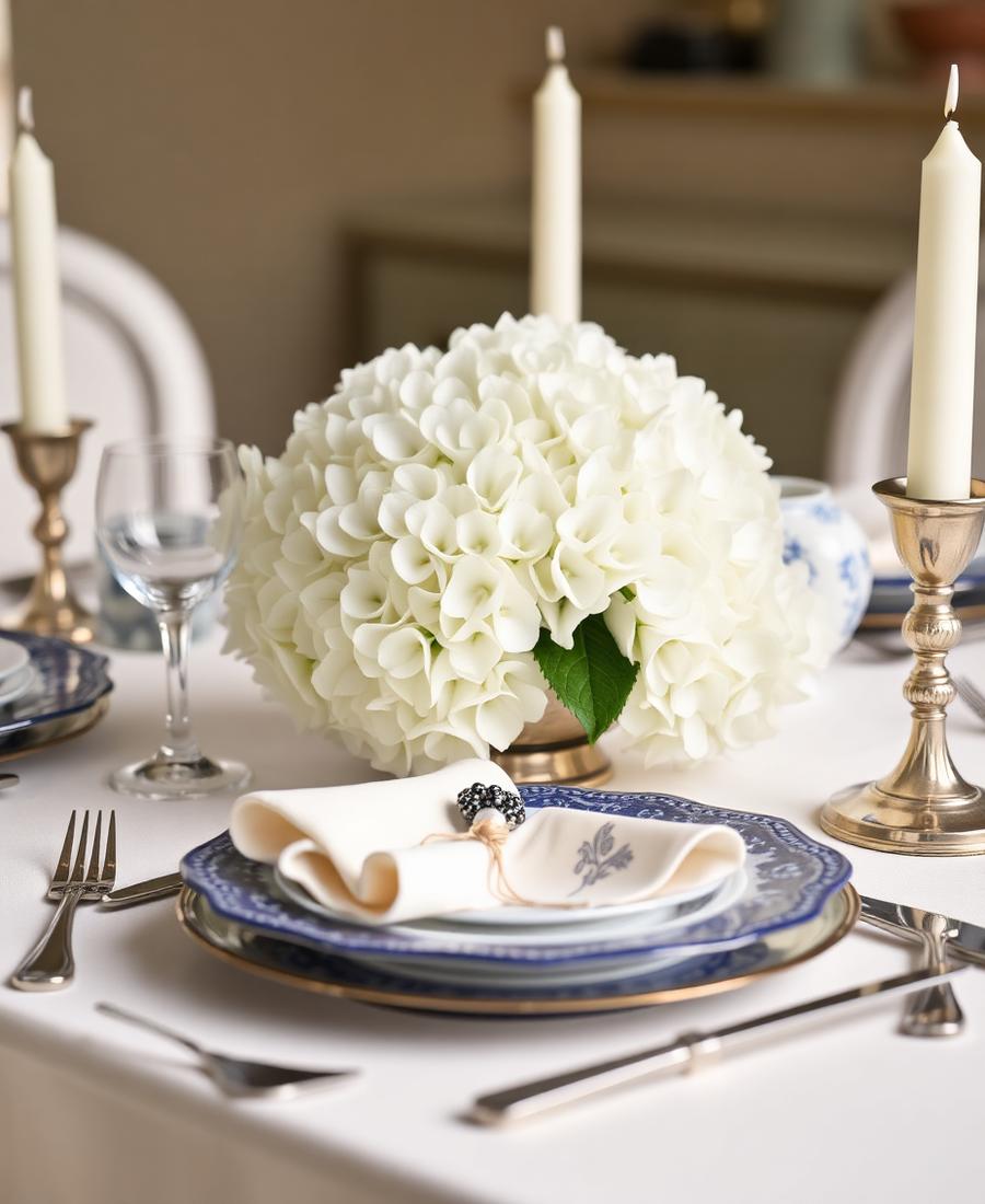 Blue and white place setting with white hydrangea