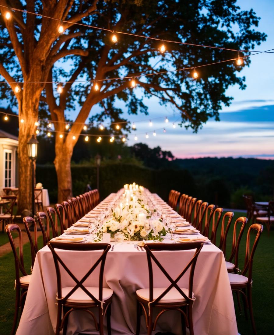 Long outdoor dinner table under string lights at dusk